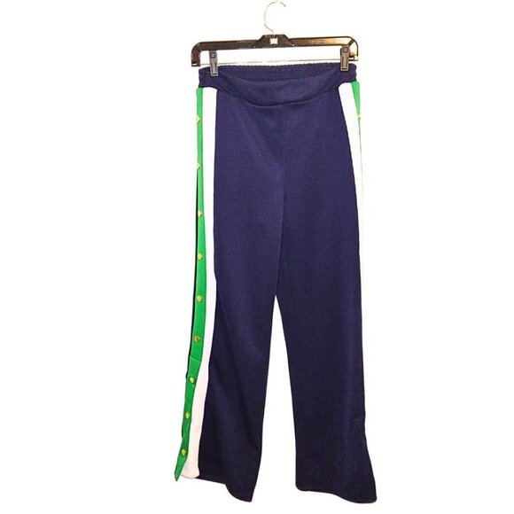 BLASHE COLLECTIONS BLUE JOGGER PANTS W/ GREEN & WHITE STRIPES & GOLD BUTTON TRIM - Picture 2 of 5